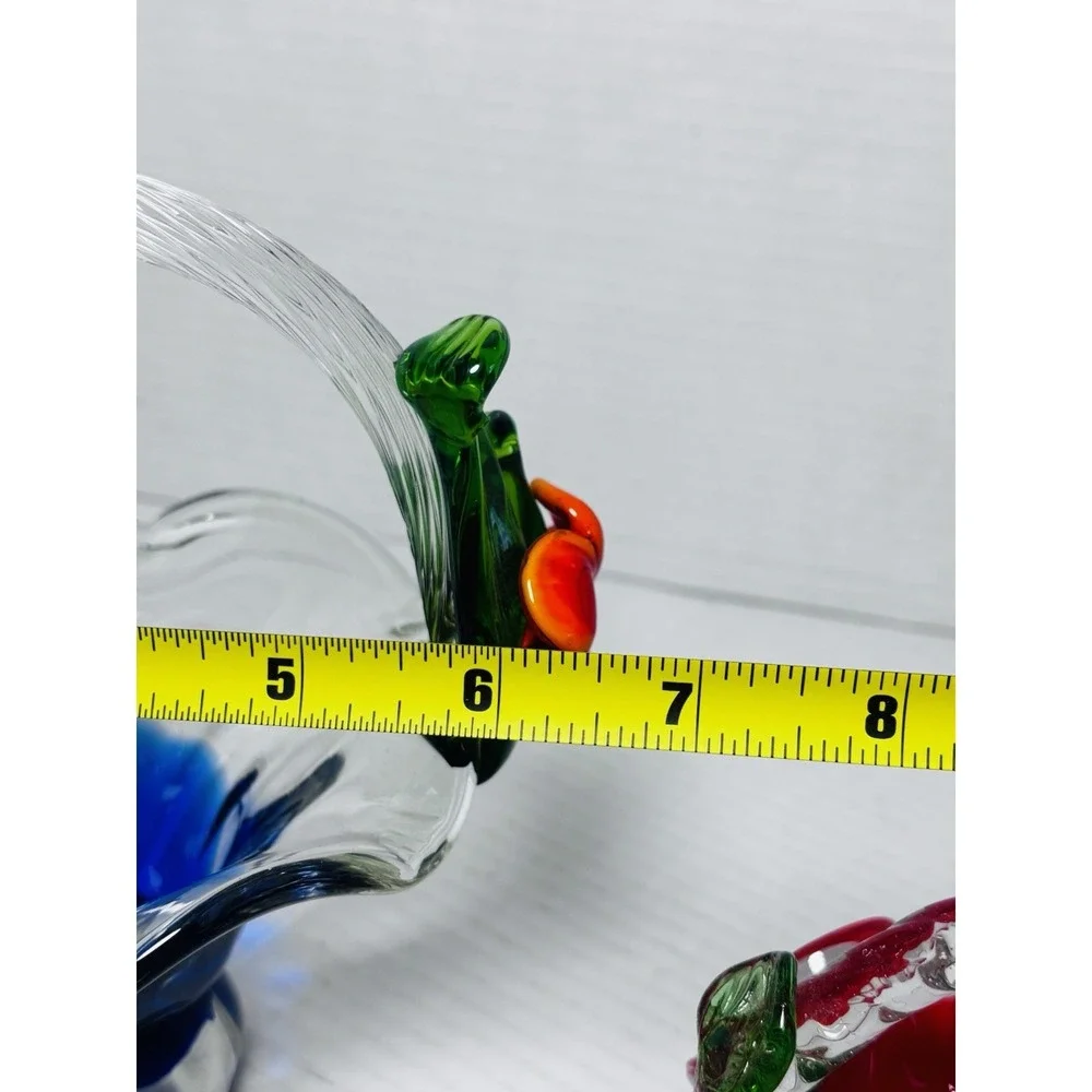 Vintage Murano Style Art Glass Basket Set Blue Red Pedestal Bowls Floral Handles